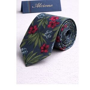 Alcione Milano Mens Silk Tie Floral Botanical Made in Italy Navy Blue Red 3.5"